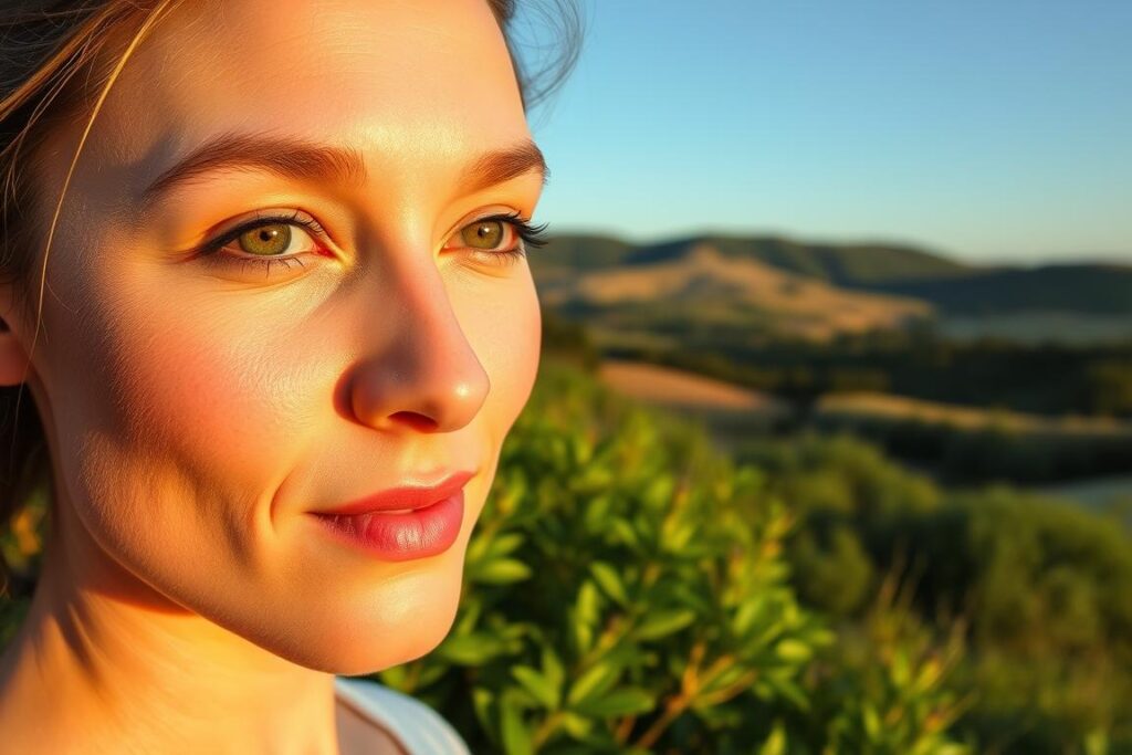A serene, natural setting showcasing the results of facial harmonization in 2025. In the foreground, a close-up portrait of a person with a balanced, harmonious facial structure, lit by warm, soft lighting that accentuates their natural beauty. The middle ground features lush, verdant foliage, hinting at the organic, sustainable approach to facial enhancement. In the background, a tranquil landscape with rolling hills and a clear, blue sky, conveying a sense of peace and harmony. The overall mood is one of natural beauty, wellness, and a connection to the environment, reflecting the safe and sustainable trends in facial harmonization for the year 2025.