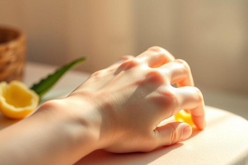 A serene, softly lit close-up of a moisturized, glowing hand gently applying a luxurious skin hydration cream. The hand is resting on a smooth, pastel-colored surface, surrounded by an array of soothing, skin-nourishing ingredients like aloe vera, shea butter, and vitamin E. The lighting is diffused and warm, creating a calming, spa-like atmosphere. The image conveys a sense of self-care, relaxation, and the restorative power of intelligent, effective post-hair removal hydration.