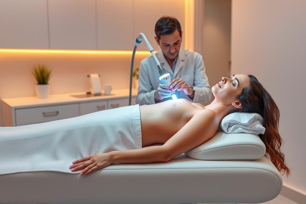 A serene, softly lit session of laser hair removal in a modern, minimalist medical clinic in Tatuapé, São Paulo. The patient reclines comfortably on a sleek, white treatment table as the clinician carefully guides the laser over their skin. Warm, ambient lighting creates a calming atmosphere, and the room is filled with a sense of professionalism and care. The clinician's movements are precise and confident, reflecting their expertise. The patient's expression is one of relaxation, trust, and anticipation of the satisfactory results to come in 2025.