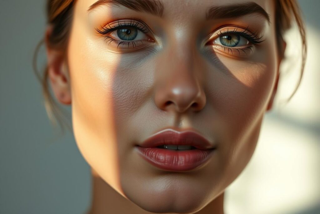 A serene, subtly-lit close-up portrait of a person's face, showcasing natural-looking cosmetic enhancements. Soft, diffused lighting bathes the skin in a warm, glowing radiance, highlighting the subject's refined, youthful features. The makeup is applied with a delicate touch, accentuating the eyes, lips, and complexion for a refined, effortless look. The overall atmosphere is one of understated elegance and progressive, age-defying beauty, in line with the latest trends in facial aesthetic procedures.