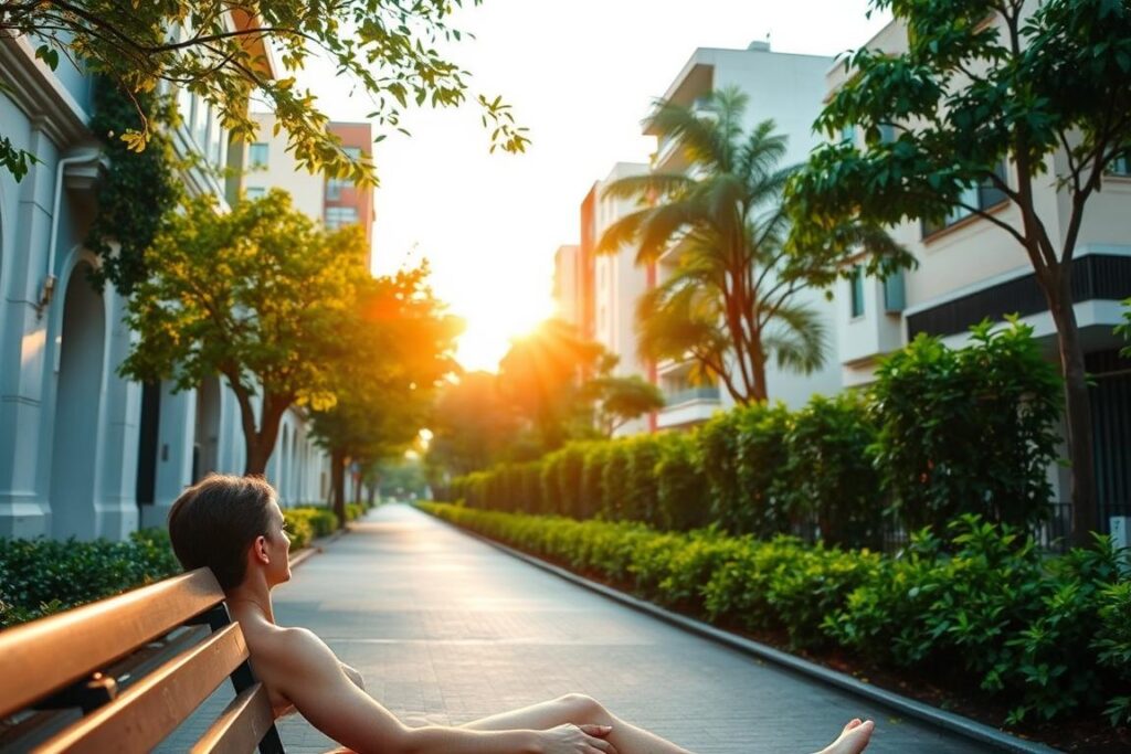 A serene urban landscape in Tatuapé, São Paulo, during the 24-72 hour period after a depilation procedure. The scene features a tranquil residential street, with lush greenery lining the sidewalks and a warm, golden afternoon light casting a soft glow over the scene. In the foreground, a person is relaxing on a bench, their skin gently glowing, enjoying the peaceful atmosphere. The background showcases the iconic architecture of the neighborhood, with a mix of modern and traditional buildings. The overall mood is one of calm and rejuvenation, perfectly capturing the post-depilation routine in Tatuapé.
