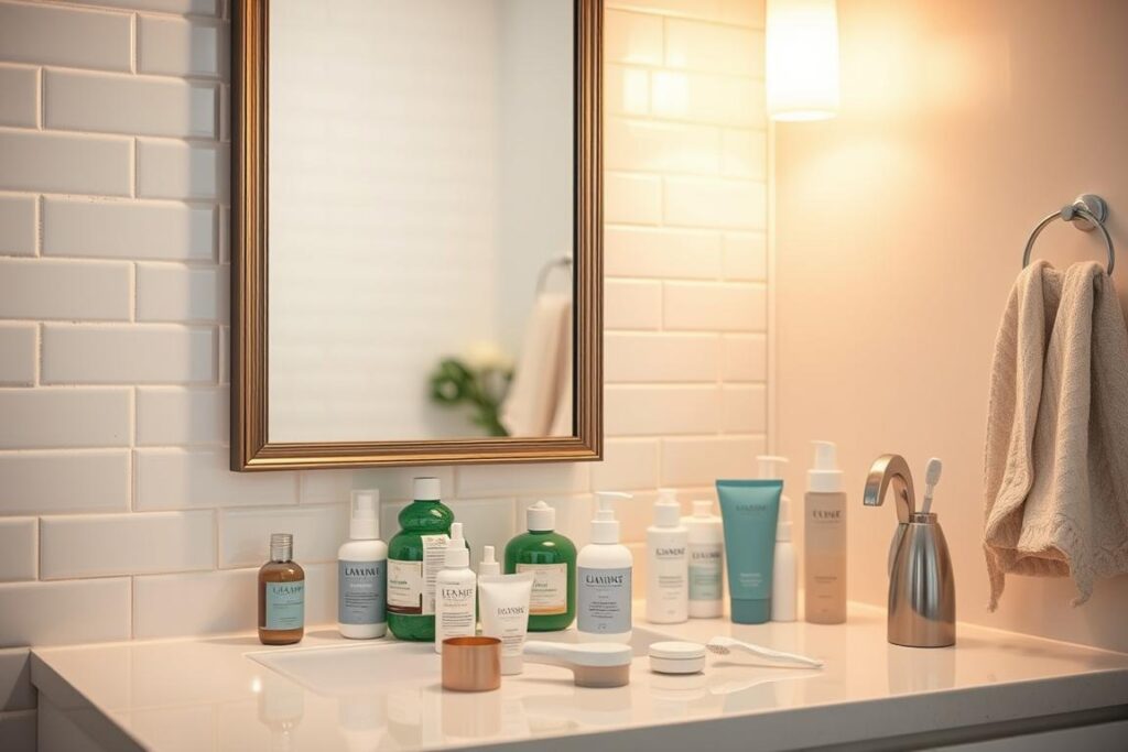 A serene, well-lit bathroom scene with soft, warm lighting illuminating a vanity area. On the vanity, a variety of skincare products neatly arranged, including cleansers, moisturizers, and hair removal tools. The background features clean, white subway tiles, and a large, framed mirror reflects the scene. The atmosphere is calming and inviting, creating a sense of tranquility and self-care, perfect for preparing sensitive skin for the next step in the depilation process.