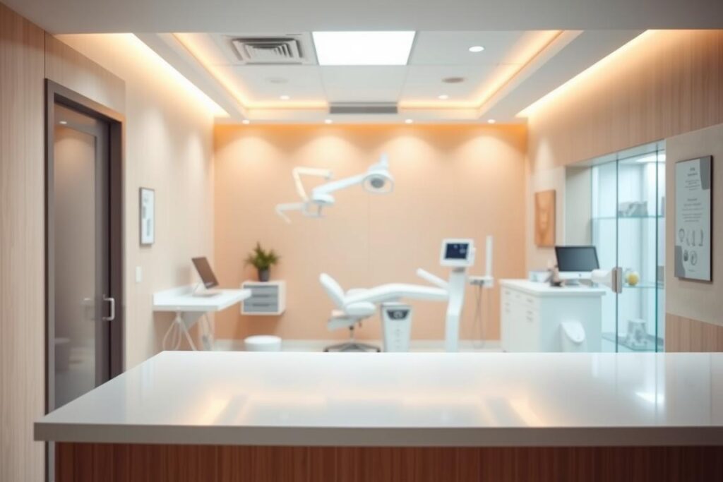 A serene, well-lit medical clinic interior with a reception desk in the foreground, showcasing a minimalist, clean design aesthetic. In the middle ground, a modern examination room with state-of-the-art depilation equipment. The background features a warm, calming color palette, creating a professional yet inviting atmosphere. The lighting is soft and diffused, emphasizing the clinic's attention to patient comfort and safety. The overall scene conveys a sense of trustworthiness, expertise, and a commitment to providing the best possible depilation services in Tatuapé, 2025.