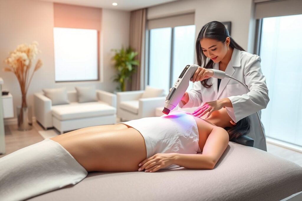 A serene, well-lit medical spa setting showcasing a state-of-the-art laser hair removal device. In the foreground, a patient reclines comfortably on a padded treatment table, their skin glowing with a healthy, even tone. The clinician, dressed in a pristine white lab coat, moves the laser handpiece with precision, effortlessly gliding across the patient's skin. The middle ground features modern, minimalist decor - sleek, clean-lined furniture, and soothing neutral tones that create a calming atmosphere. In the background, large windows flood the space with natural light, casting a warm, gentle glow. The overall scene exudes professionalism, safety, and an unwavering commitment to the patient's wellbeing and comfort.