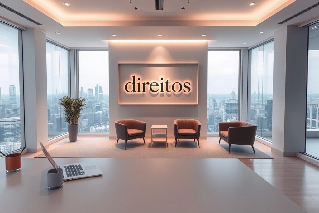 A serene, well-lit office interior with a modern, minimalist aesthetic. In the foreground, a desk with a clean, uncluttered surface, a laptop, and a pen holder. On the wall behind the desk, a sleek, frameless artwork depicting the word "direitos" in a sophisticated, stylized font. The artwork is illuminated by discreet, recessed lighting, casting a warm, inviting glow. The middle ground features a comfortable client seating area with plush, upholstered chairs arranged in a welcoming configuration. The background showcases floor-to-ceiling windows, providing a panoramic view of a bustling city skyline bathed in soft, natural light. The overall atmosphere exudes a sense of professionalism, security, and attention to the client's well-being.