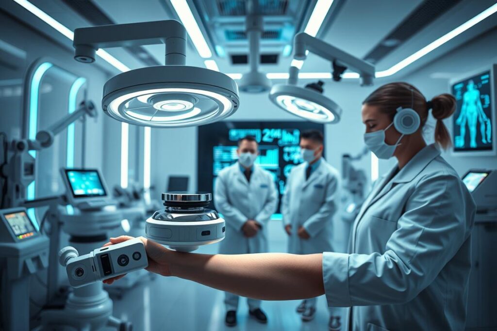 A sleek and futuristic medical examination room, bathed in cool, clinical lighting. In the foreground, a high-tech diagnostic device hovers over a patient's arm, its sensors analyzing the latest advancements in aesthetic procedures. In the middle ground, a team of white-coated technicians carefully monitor the process, their faces illuminated by the glow of holographic screens. The background showcases the cutting-edge technology of the clinic, with robotic arms, 3D-printed instruments, and state-of-the-art medical equipment, all designed to ensure the safety and precision of the procedures. The overall atmosphere conveys a sense of innovation, efficiency, and the seamless integration of technology into the field of aesthetic medicine.
