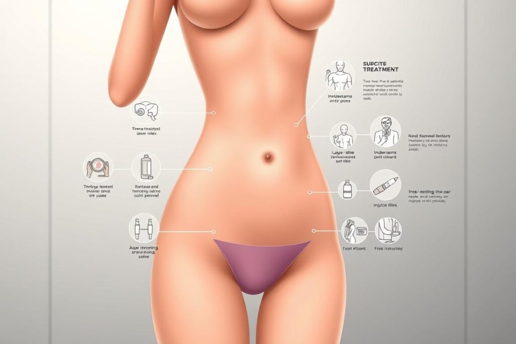 A sleek, minimalist medical illustration depicting various surgical and non-surgical skin treatment options. The foreground features a stylized human torso with key treatment areas highlighted, such as the intimate regions and underarms. The middle ground showcases detailed icons and infographics illustrating different procedures, ranging from laser treatments to injectable fillers. The background has a clean, sterile medical aesthetic with subdued lighting and muted color tones, creating a sense of professionalism and authority. The overall composition conveys a comprehensive overview of the available options for intimate skin care and hair removal, suitable for an informative article on the topic.