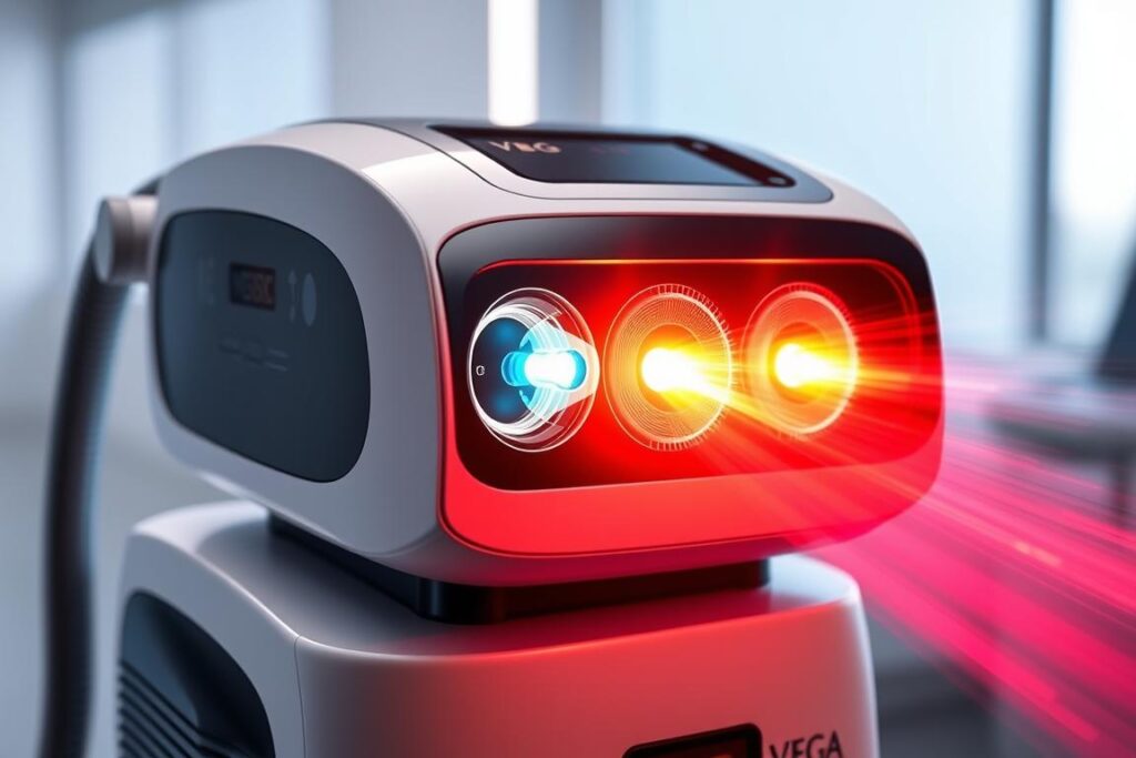 A sophisticated medical device with a sleek, modern design, showcasing the advanced VEGA Triple Wave technology. The device's three distinct laser modules - diode, alexandrite, and Nd-YAG - are prominently displayed, each emitting a vibrant, pulsing wave of energy. The device is set against a clean, clinical background, with subtle lighting that accentuates the precision and power of the technology. The overall atmosphere conveys a sense of cutting-edge innovation and reliable performance, perfect for a range of skin types and hair removal needs.