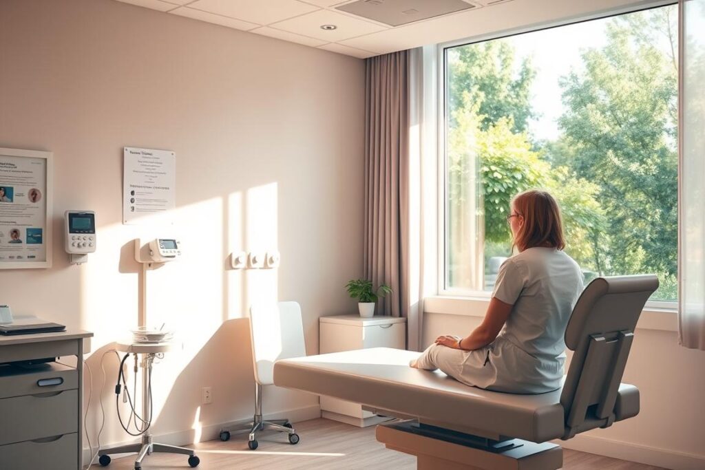 A tranquil medical clinic interior, bathed in warm, soft lighting. A patient sits comfortably on an exam table, engaged in a discussion with a caring, attentive clinician. The room exudes a soothing, professional atmosphere, with state-of-the-art equipment discreetly integrated. Posters on the walls provide helpful information, while a large window offers a calming view of a lush, verdant garden outside. The overall scene conveys a sense of trust, empathy and personalized care, reflecting the "patient experience" from initial consultation to post-treatment follow-up.