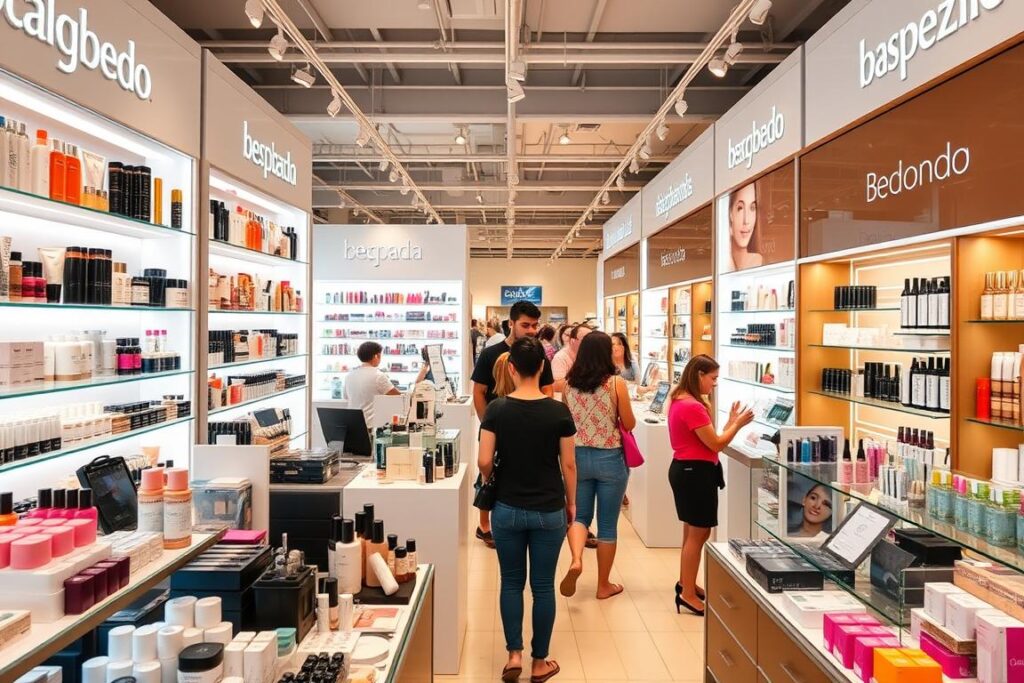 A vibrant and dynamic Brazilian mercado beleza, showcasing the latest beauty trends and innovations. The foreground features a diverse array of beauty products, cosmetics, and skincare items arranged in a visually appealing display. In the middle ground, customers browse the aisles, interacting with knowledgeable staff and trying out the latest treatments. The background depicts a modern, well-lit space with high ceilings, sleek shelving, and tasteful branding that evokes a sense of professionalism and sophistication. The overall atmosphere conveys a blend of cutting-edge technology, personalized service, and a passion for the transformative power of beauty.
