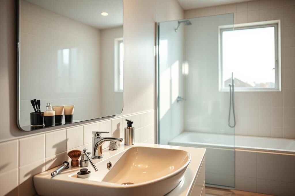 A well-lit bathroom scene, with a sleek, modern sink and vanity in the foreground. The sink is filled with an array of grooming essentials - razors, shaving cream, and a neatly arranged set of brushes and combs. The middle ground features a full-length mirror, reflecting the clean, minimalist tiles on the walls. In the background, a large window allows natural light to pour in, casting a warm, inviting glow throughout the space. The overall atmosphere conveys a sense of personal care, hygiene, and an attention to detail - elements that contribute to a man's well-being and self-confidence.