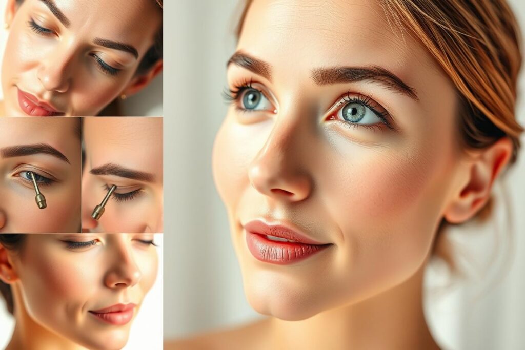 A well-lit, close-up close-up image of various cosmetic facial treatment results, showcasing smooth, rejuvenated skin, minimized wrinkles, and a healthy, radiant glow. The foreground features a collage of close-up shots of different treatment areas like the forehead, cheeks, and eye contours, highlighting the natural, subtle improvements. The middle ground depicts a holistic view of a feminine face, revealing the cumulative, harmonious effects of the procedures. The background is softly blurred, creating a serene, professional atmosphere, emphasizing the medical and scientific nature of the treatments. Warm, natural lighting casts a flattering, clinical but inviting ambiance, and the camera angle is slightly angled to create a sense of intimacy and approachability.