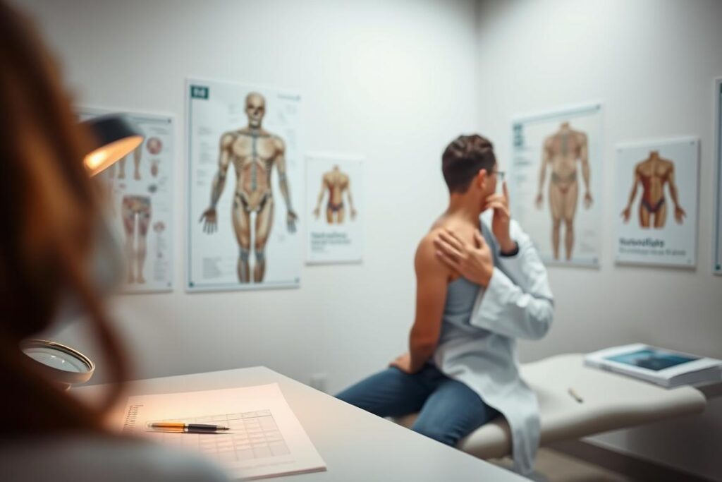 A well-lit examination room, with a dermatologist's desk and instruments in the foreground. On the desk, a medical chart, a magnifying glass, and a pen. In the middle ground, a patient sitting upright, their skin closely examined by the dermatologist's practiced gaze. The background features anatomical diagrams and medical posters, conveying a sense of clinical expertise and precision. Soft, directional lighting illuminates the scene, casting shadows that accentuate the skin's texture and any areas of concern. The overall atmosphere is one of careful observation, diagnostic focus, and the patient's trust in the dermatologist's expertise.