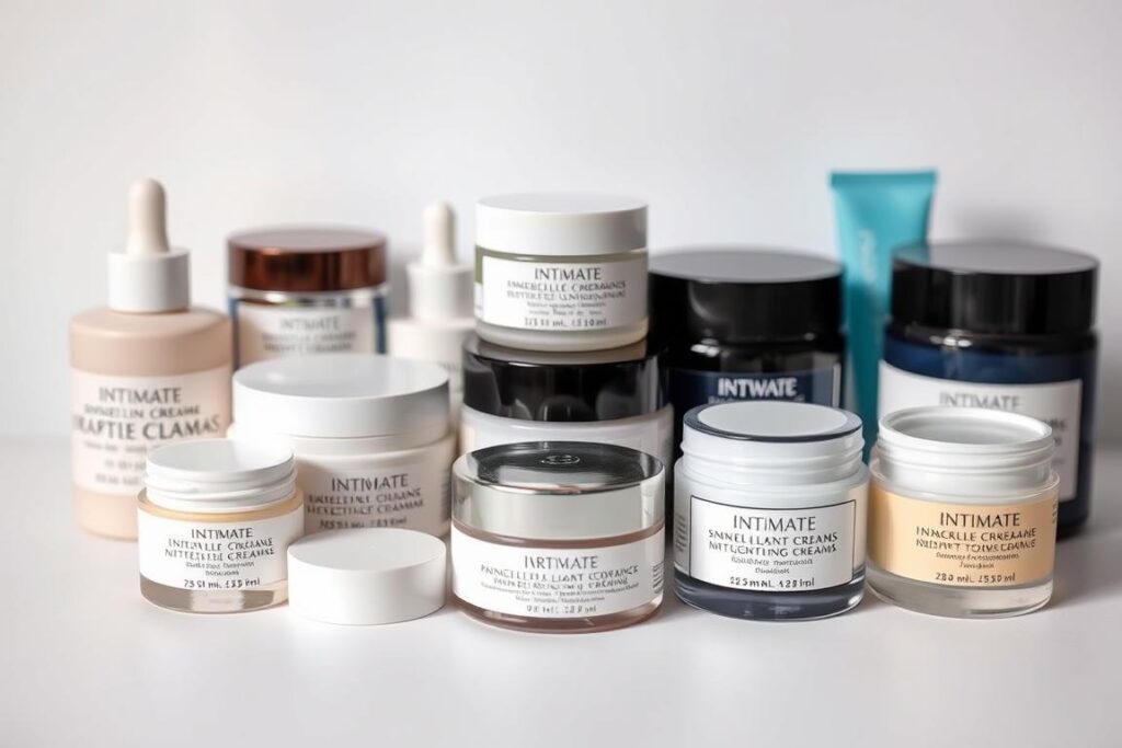A well-lit, high-resolution close-up image of an assortment of intimate skin lightening cream containers arranged on a clean white background. The containers should have diverse shapes, sizes, and colors, creating a visually compelling comparative display. The lighting should be soft and diffused, highlighting the textures and details of the products. The overall composition should be balanced and aesthetically pleasing, allowing the viewer to easily compare and contrast the different creams.