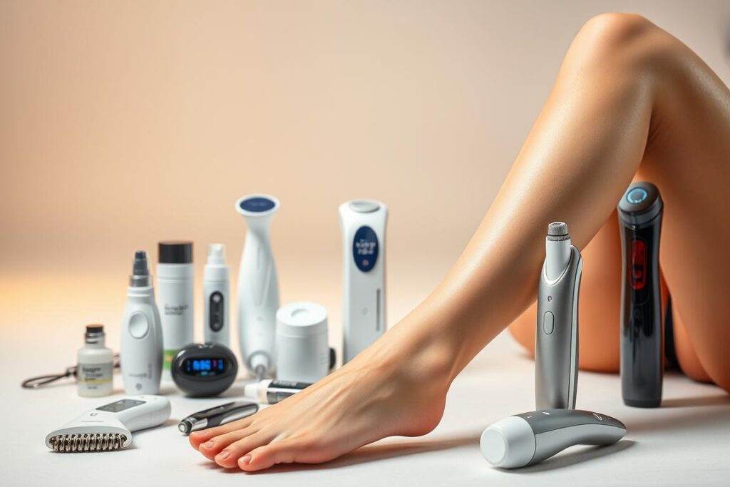 A well-lit studio setting showcasing various hair removal techniques. In the foreground, a woman's lower leg is highlighted, with a variety of depilation tools and products artfully arranged around her. The middle ground features a selection of modern, high-tech hair removal devices, each with a distinct design and functionality. The background subtly blurs, creating a sense of focus and emphasis on the central elements. The overall mood is one of professionalism, expertise, and the latest advancements in the field of hair removal.