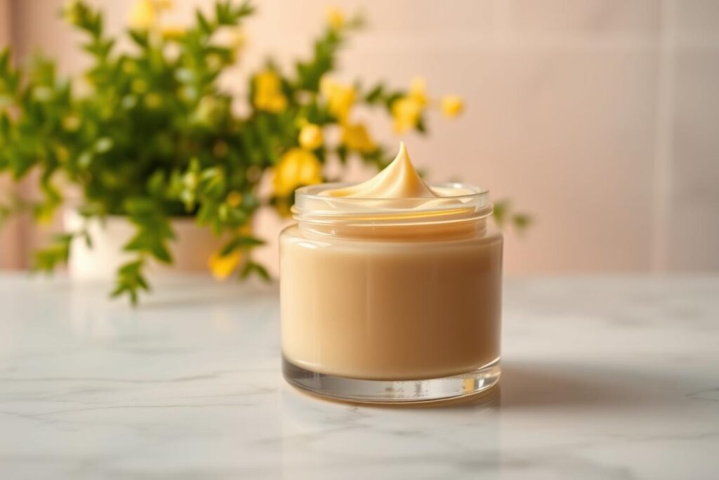 Cera depilatória: a smooth, organic wax blend in a sleek glass jar, resting on a white marble countertop. Warm, amber-toned lighting casts a soft glow, highlighting the jar's translucent quality and the natural texture of the wax. In the background, a lush, verdant plant fills the frame, symbolizing the plant-based, eco-friendly nature of this vegan hair removal product. The overall scene exudes a sense of luxury, simplicity, and mindfulness - the perfect accompaniment to a modern, sustainable self-care routine.