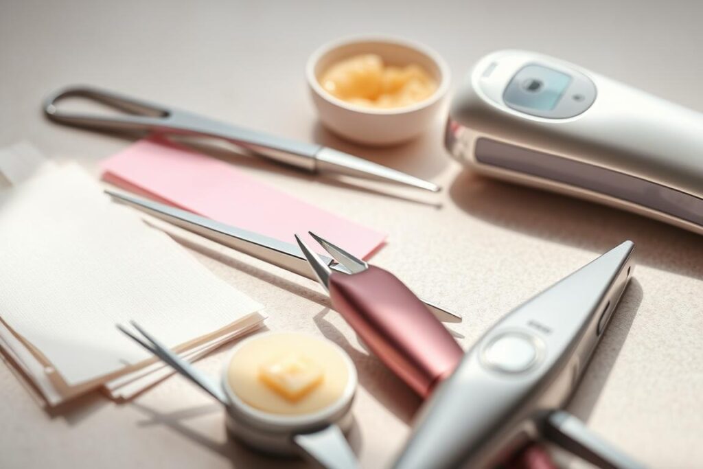 Depilação: A Skin Rejuvenation Symphony. A close-up shot of various hair removal tools and techniques, including waxing strips, tweezers, and an electric epilator. The scene is bathed in soft, diffused lighting, creating a serene and soothing atmosphere. The background is a muted, neutral palette, allowing the tools to take center stage. The focus is on the intricate details of each instrument, highlighting their precise design and functionality. The overall mood conveys the care and attention required for effective and gentle hair removal, reflecting the importance of pre- and post-depilation rituals for healthy, glowing skin.