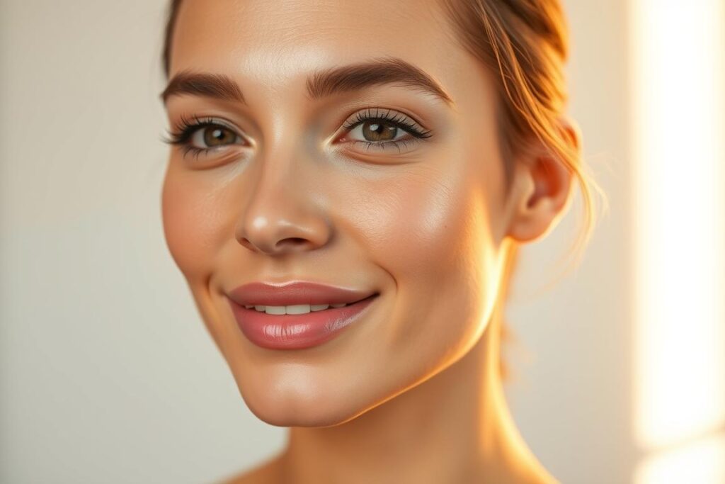 Radiant skin glowing with confidence, accentuated by a serene yet empowered expression. A warm, golden light bathes the subject, capturing the exceptional results of a personalized, caring beauty treatment. Elegant, minimalist background showcases the subject's natural beauty, free from distractions. Soft, diffused lighting creates a sense of tranquility and inner peace, reflecting the transformative effects of the exceptional service. Carefully composed to highlight the subject's enhanced self-esteem, this image evokes a feeling of well-being and personal triumph.