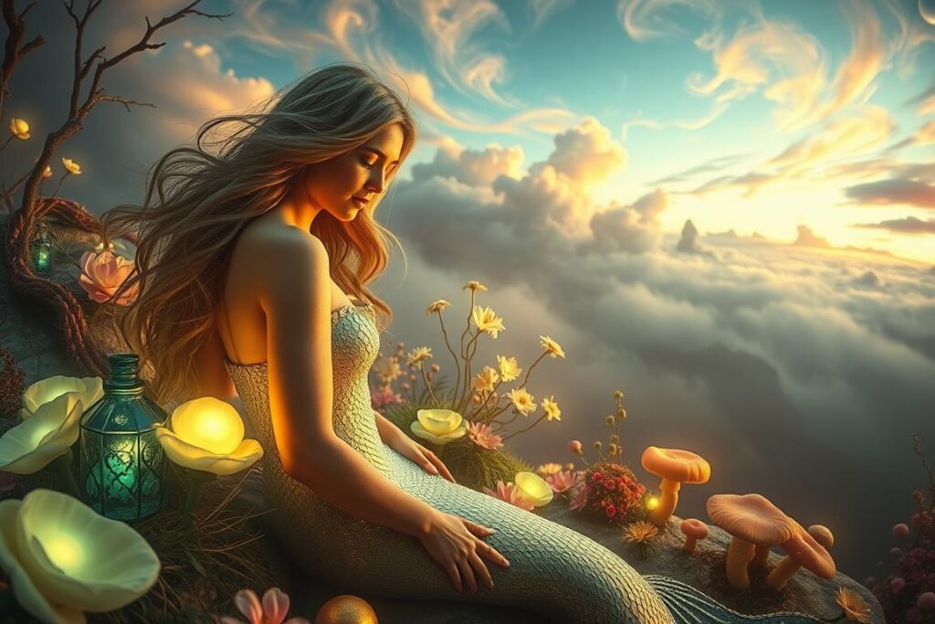 Surreal beauty, a fantastical scene of ethereal grace. In the foreground, a graceful mermaid-like figure with shimmering scales, flowing hair, and a serene expression, bathed in soft, warm lighting. In the middle ground, whimsical, mythical flora - glowing flowers, cascading vines, and vibrant mushrooms. The background reveals a dreamlike, abstract landscape with swirling, pastel-hued clouds, distant mountains, and a hint of a crescent moon. Ambient, diffused lighting creates an otherworldly, enchanted atmosphere. Captured with a wide-angle lens, the composition has a sense of immersion and wonder.