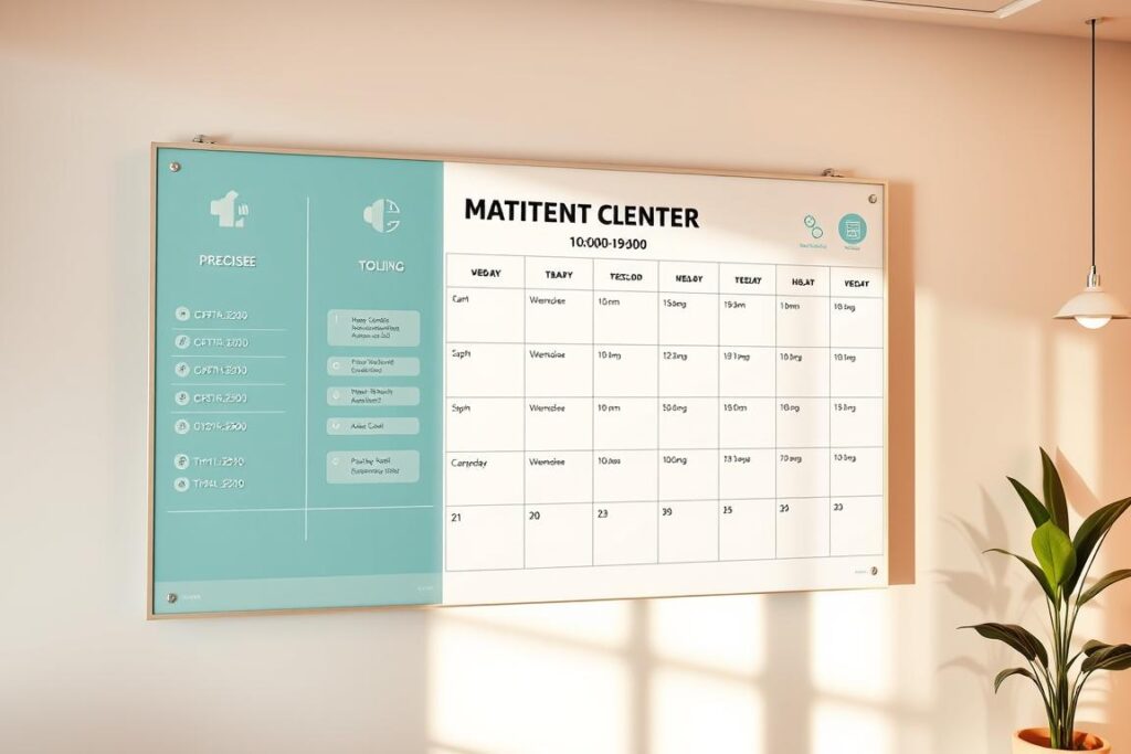 Vibrant and organized appointment schedule board with crisp, clean layout. Minimalist modern design, sleek lines and bold typography in a warm, inviting clinic setting. Softly lit with natural light from large windows, creating a calming, professional atmosphere. Precise hours displayed prominently, 10:00-19:00, conveying efficiency and reliability. Elegant, stylized icons and accents complement the simple, elegant aesthetic. Overall, an image that inspires confidence and a positive patient experience.