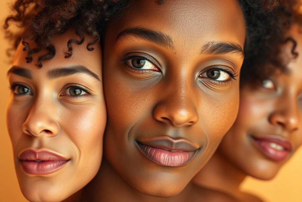 Vibrant, close-up portrait of a person's diverse skin tones, ranging from light to dark, showcasing a variety of "tipo pele" (skin types) against a soft, neutral background. Capture the nuances and unique characteristics of different skin pigmentations, with a focus on an even, natural-looking complexion. Employ a warm, balanced lighting setup that accentuates the subject's facial features and skin texture, creating a serene, inviting atmosphere. Utilize a medium-close camera angle to provide a detailed, yet intimate view of the skin types, allowing the viewer to appreciate the diversity and individuality of each unique "tipo pele."