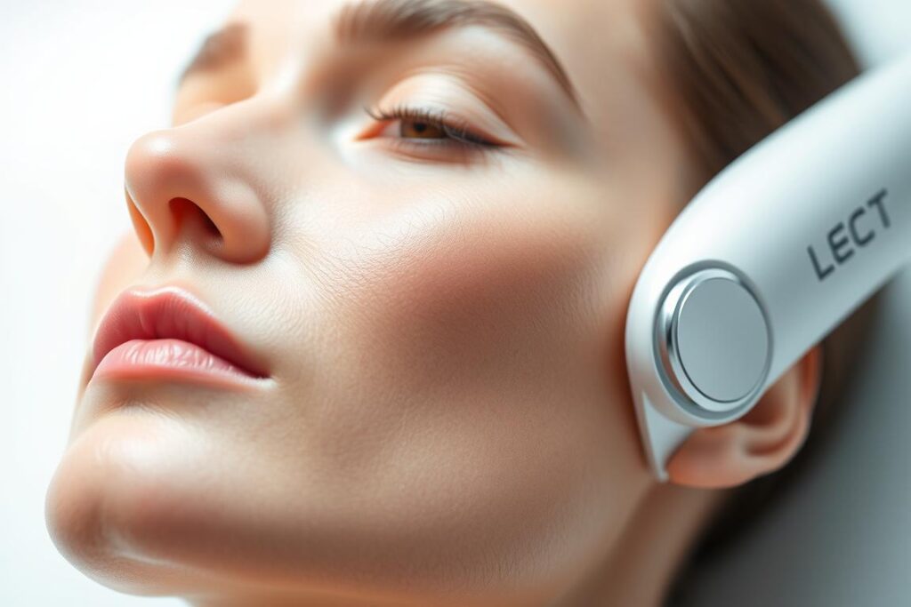 a highly detailed, close-up view of an ultrasonic facial treatment device, with a sleek, modern design and high-resolution, microfocused ultrasound transducers. the device is presented against a clean, minimalist background, with a cool, clinical aesthetic that conveys the advanced, non-invasive nature of the technology. the lighting is soft and diffused, highlighting the precision and power of the ultrasound waves emitted by the device. the camera angle is slightly elevated, creating a sense of authority and professionalism, as if showcasing a cutting-edge medical or aesthetic instrument. the overall impression is one of sophisticated, state-of-the-art facial harmonization technology that is poised to transform the industry.