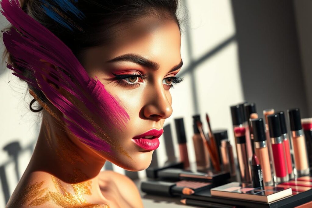 A captivating makeup scene, showcasing bold, fluid movements and the latest beauty trends. In the foreground, a model's face adorned with vibrant, dynamic brushstrokes in a symphony of colors - pinks, blues, and golds, creating a captivating, abstract composition. In the middle ground, an array of makeup products in sleek, modern packaging, hinting at the tools and techniques used to achieve this striking look. The background is a soft, ethereal blur, allowing the makeup artistry to take center stage, exuding a sense of artistic expression and creative freedom. Dramatic lighting casts dramatic shadows, adding depth and dimension to the scene. Captured with a wide-angle lens, the composition draws the viewer in, immersing them in the world of effortless, trend-setting beauty.