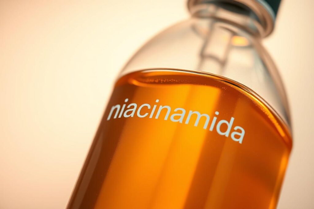 A close-up view of a transparent glass bottle filled with a shimmering, golden-hued liquid, illuminated by soft, diffused lighting. The bottle's label prominently features the word "niacinamida" in a bold, modern typeface, with a minimalist, elegant design. The background is a serene, pastel-tinted gradient, complementing the warm tones of the liquid and creating a sense of tranquility and wellness. The composition emphasizes the purity and potency of the niacinamide ingredient, conveying its ability to deliver a radiant, glowing effect on the skin.