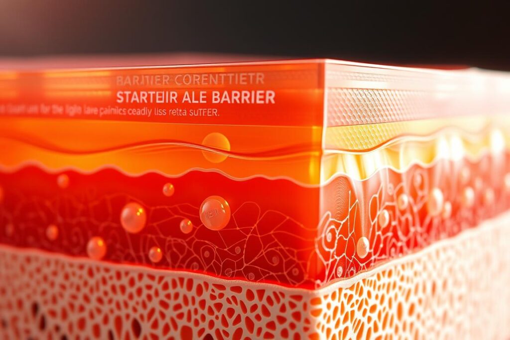A detailed, cross-sectional illustration of the skin's barrier layer, known as the "barreira cutânea", depicting the intricate structure of the stratum corneum and its role in maintaining healthy, glowing skin. The image should showcase the barrier's function in reflecting light, shielding against environmental stressors, and facilitating cellular renewal, all of which contribute to the natural luminosity of the complexion. Render the layers with realism, showcasing the lipid-rich matrix, corneocytes, and their interconnected network. Depict the barrier's protective properties through a soft, ethereal lighting that accentuates its translucent, semi-permeable nature. Capture the skin's surface with a close-up, high-resolution perspective to emphasize the microscopic details that enable the "glow from within" effect.