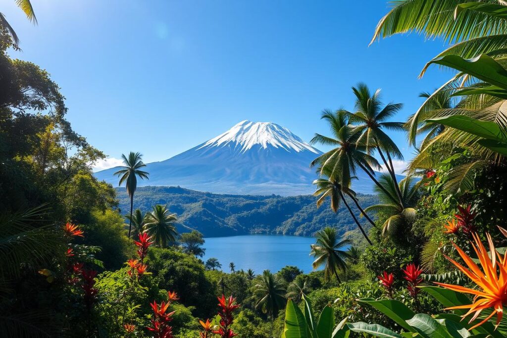 A lush, vibrant tropical landscape with a towering, majestic volcano as the centerpiece. The volcano, named Pele, dominates the scene, its snow-capped peak piercing the azure sky. In the foreground, a verdant rainforest teeming with exotic flora and fauna, their colors and textures creating a captivating tapestry. Sunlight filters through the canopy, casting a warm, golden glow over the scene. In the middle ground, a serene, mirror-like lake reflects the beauty of the surrounding landscape. The atmosphere is one of tranquility and rejuvenation, evoking a sense of wellness and self-care.