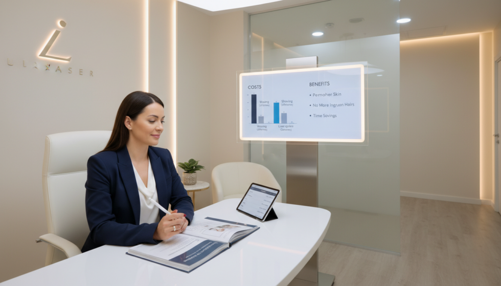 A professional setting featuring a well-lit consultation room at a laser hair removal clinic. In the foreground, a confident, well-dressed woman in business attire sits at a sleek desk, examining a detailed price list spread open in front of her. The middle ground includes a digital display showing a chart comparing costs and benefits of laser hair removal, subtly illuminated by soft, warm lighting. In the background, a clean and modern clinic design is visible, with soothing colors and minimalist decor, creating a calm and inviting atmosphere. The overall mood conveys professionalism and satisfaction in making an informed investment decision. The lighting highlights the subject’s focused expression, emphasizing the evaluation of costs versus benefits effectively.