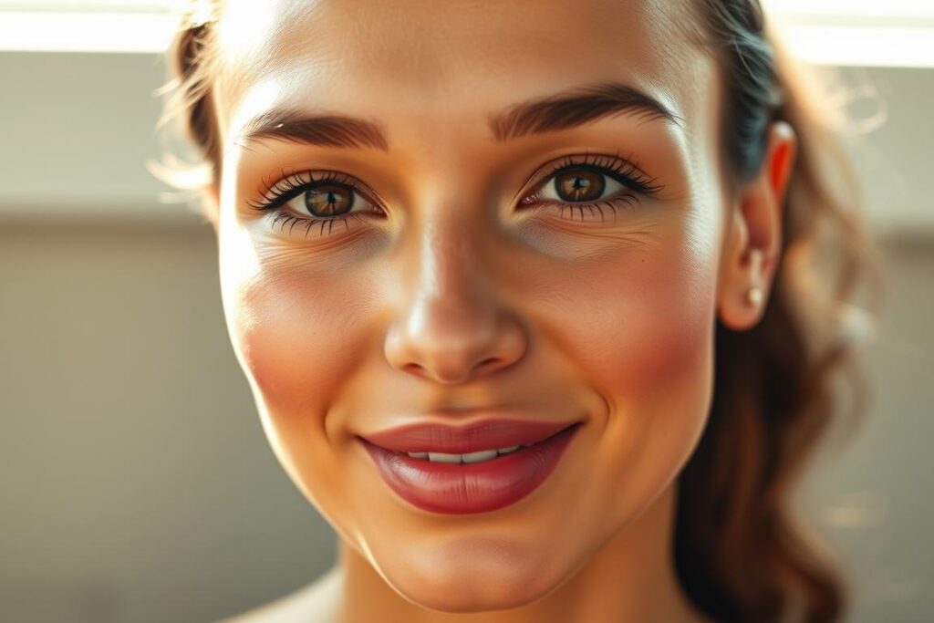 A radiant, sun-kissed glow emanates from a flawless, luminous complexion. Soft, diffused lighting bathes the face in a warm, ethereal hue, accentuating the natural contours and highlighting the healthy, dewy skin. The complexion appears seamless, with a subtle sheen that creates the illusion of an inner light. Subtle hints of rose and golden undertones add depth and dimension, while the skin maintains a velvety, satin-like finish. A gentle, barely-there flush of color on the cheeks completes the lush, latte-inspired glow, capturing the essence of natural, effortless beauty.