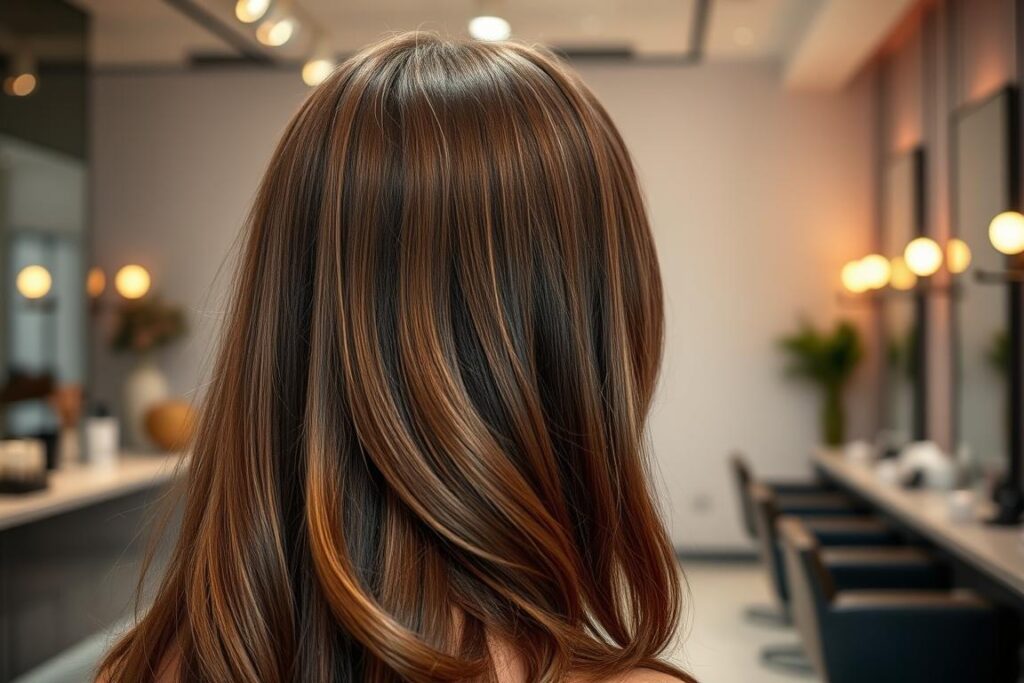 A radiant, well-groomed head of luscious, glossy hair in the foreground, styled with a modern, sleek blowout and subtle highlights. The middle ground features a chic, high-end salon setting, with elegant minimalist decor and soft, warm lighting casting a flattering glow. The background is blurred, suggesting an upscale, stylish ambiance. The overall mood is one of polished, effortless beauty and confidence, perfectly capturing the essence of the "Cabelo e visual: upgrades práticos para um glow imediato e duradouro" section.