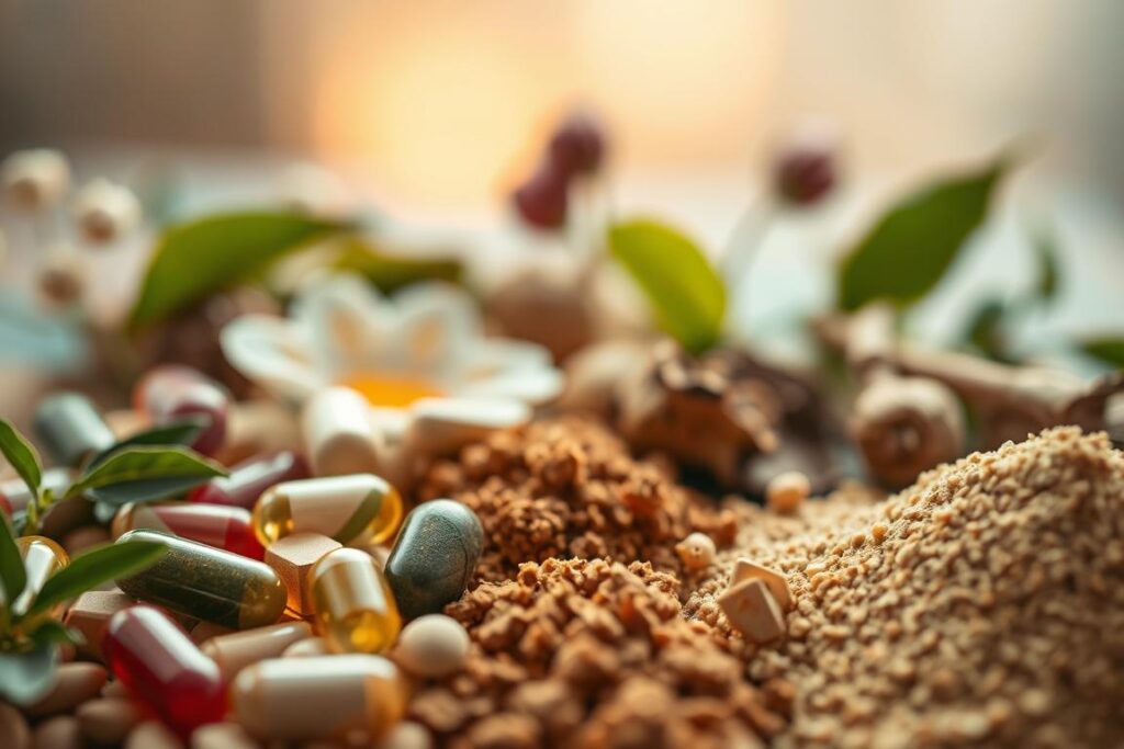 A serene, close-up view of a diverse array of natural, biotechnological ingredients used in clean beauty products. The foreground showcases vibrant, organically-shaped capsules, tablets, and powders in earthy tones, their textures and forms suggesting innovative, sustainable processing. In the middle ground, blurred but visible, are botanical elements like leaves, flowers, and roots, hinting at the origins of these novel ingredients. The background is softly out of focus, evoking a sense of tranquility and wellness. Warm, diffused lighting casts a gentle glow, creating an inviting, almost meditative atmosphere. The overall composition emphasizes the purity, efficacy, and holistic nature of these clean beauty innovations.