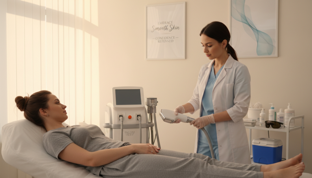 A serene, professional setting showcasing a laser hair removal treatment process. In the foreground, a patient in modest casual attire lies comfortably on a treatment table, with a certified technician wearing a lab coat, attentively operating a laser device. The middle ground features medical equipment neatly arranged, highlighting the advanced technology used in the clinic. The background reveals calming, soft-colored walls adorned with motivational health posters, enhancing the atmosphere of tranquility and professionalism. The lighting is warm and inviting, casting gentle shadows to create depth. The image captures a sense of care, trust, and cleanliness, embodying a positive experience in a modern laser treatment clinic.