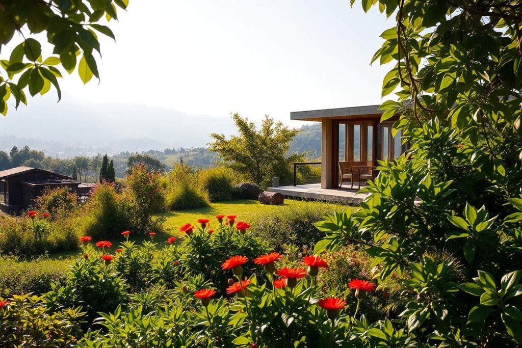 A serene, sun-drenched scene showcasing the natural aesthetic in Brazil. In the foreground, a verdant, lush garden with vibrant flowers and foliage, casting soft, warm shadows. In the middle ground, a simple, modern yet organic-inspired architectural structure made of natural materials like wood and stone, blending seamlessly with the surrounding environment. The background features a distant, hazy skyline, with towering mountains and rolling hills, conveying a sense of tranquility and harmony between nature and modern life. Soft, diffused lighting illuminates the scene, creating a natural, glowing ambiance. An overall atmosphere of balance, sustainability, and the appreciation for the beauty of the natural world.