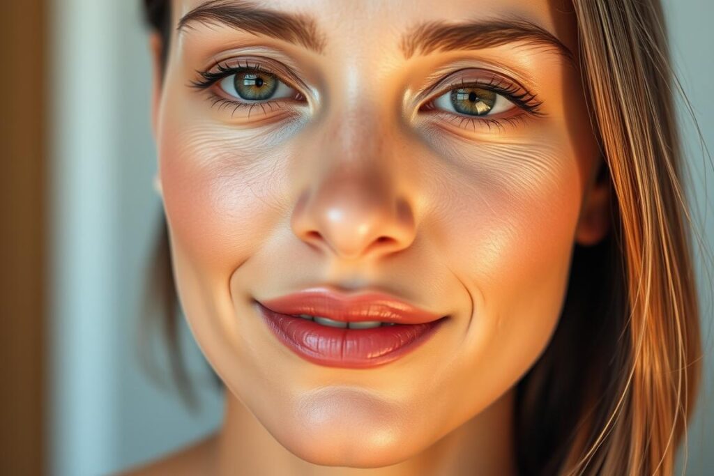 A serene, well-lit close-up of a woman's face, with glowing, youthful skin. Her complexion is even and radiant, without blemishes or imperfections. The lighting is soft and diffused, creating a warm, natural glow. The camera captures the details of her skin texture, pores, and subtle highlights, emphasizing the healthy, hydrated appearance. The background is blurred, keeping the focus on the skin and creating a sense of tranquility. The overall mood is one of calm, self-care, and inner radiance, reflecting the theme of "Cuidados com a pele: base da sua transformação diária".