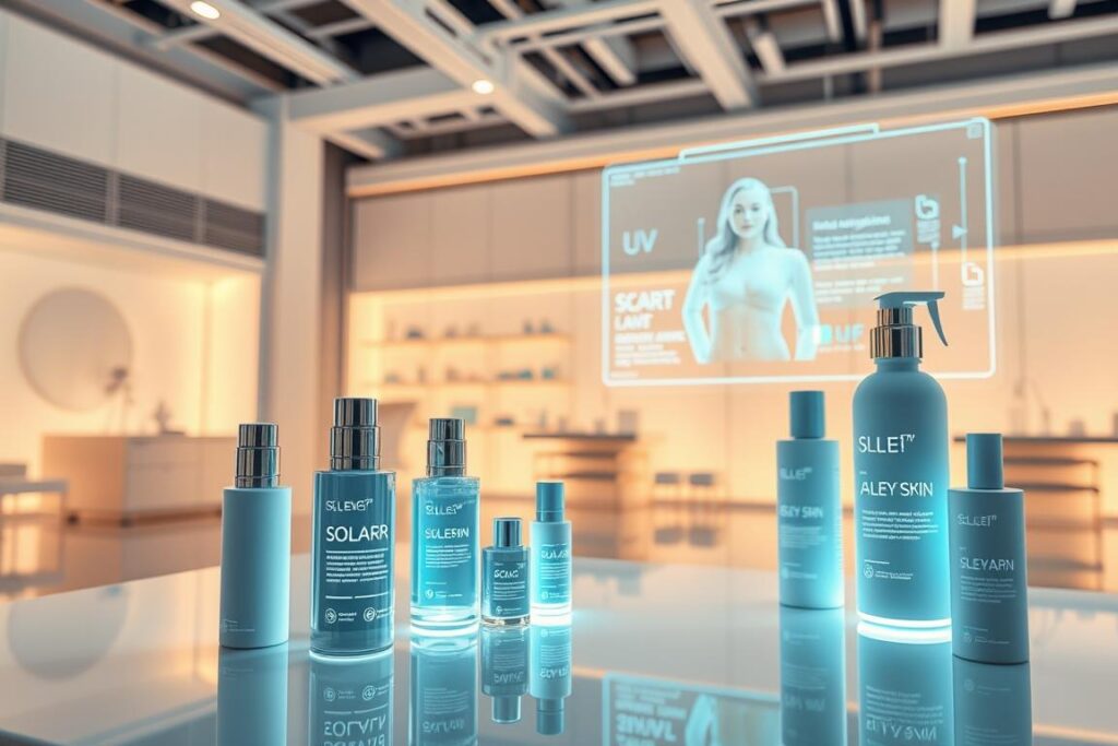 A sleek, minimalist skincare product display in a futuristic, high-tech setting. The foreground features an array of smart, touch-enabled skincare bottles with glowing screens showcasing personalized skin analysis data. The middle ground depicts an immersive, holographic interface where a virtual assistant guides the user through a real-time skincare routine tailored to their individual needs. The background is a clean, white-walled laboratory space with modern, chrome-accented furnishings, conveying an atmosphere of precision and innovation. Warm, directional lighting highlights the advanced technology, creating a sense of sophistication and the future of personalized skincare.