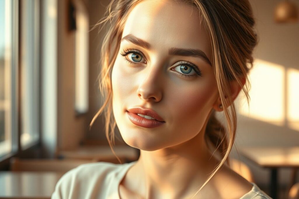 A soft, glowing portrait of a beautiful woman with flawless latte-toned skin, her features accentuated by a natural, luminous makeup look. Delicate strokes of rosy blush and a glossy nude lip complement her doe-like eyes and long lashes. Sunlight filters in through a window, casting a warm, ethereal glow that highlights the subtle contours of her face. Her expression is serene and contemplative, conveying a sense of effortless elegance. The background is a cozy, minimalist café setting, with clean lines and muted tones that allow the subject to take center stage. Overall, the image exudes a calming, sophisticated atmosphere, perfectly suited for a daytime latte makeup look.