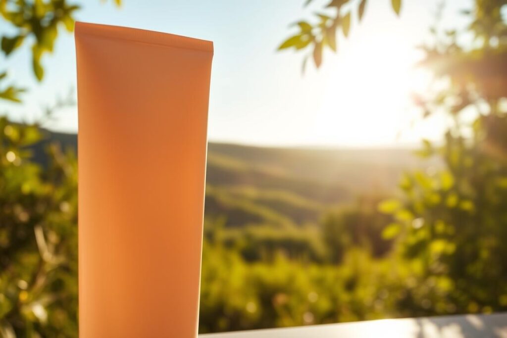 A sunscreen bottle standing prominently in the foreground, its sleek, minimalist design reflecting the "Skin Minimalista 2025" theme. The bottle is bathed in soft, diffused lighting, casting a warm, inviting glow. In the middle ground, a serene, sun-dappled landscape unfolds, with lush greenery and a clear blue sky above. The composition emphasizes the centrality of sunscreen in a healthy skincare routine, conveying a sense of balance, protection, and natural wellness.