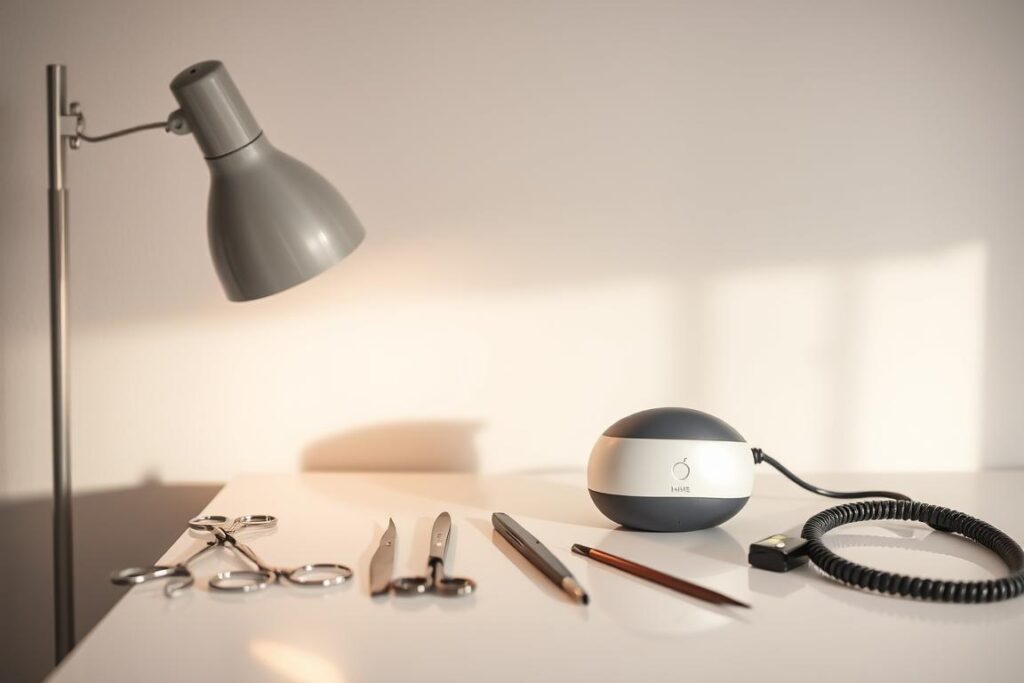 A thoughtful evaluation, a reflective moment captured in time. A serene studio setting, with soft, diffused lighting illuminating a well-organized desk. On the surface, a meticulously arranged array of personal grooming tools - scissors, tweezers, and a laser hair removal device, each casting subtle shadows. In the background, a minimalist wall, its neutral tones providing a calming backdrop, allowing the focus to remain on the grooming essentials. The overall atmosphere exudes a sense of preparation, intention, and a careful consideration of the upcoming laser hair removal session.