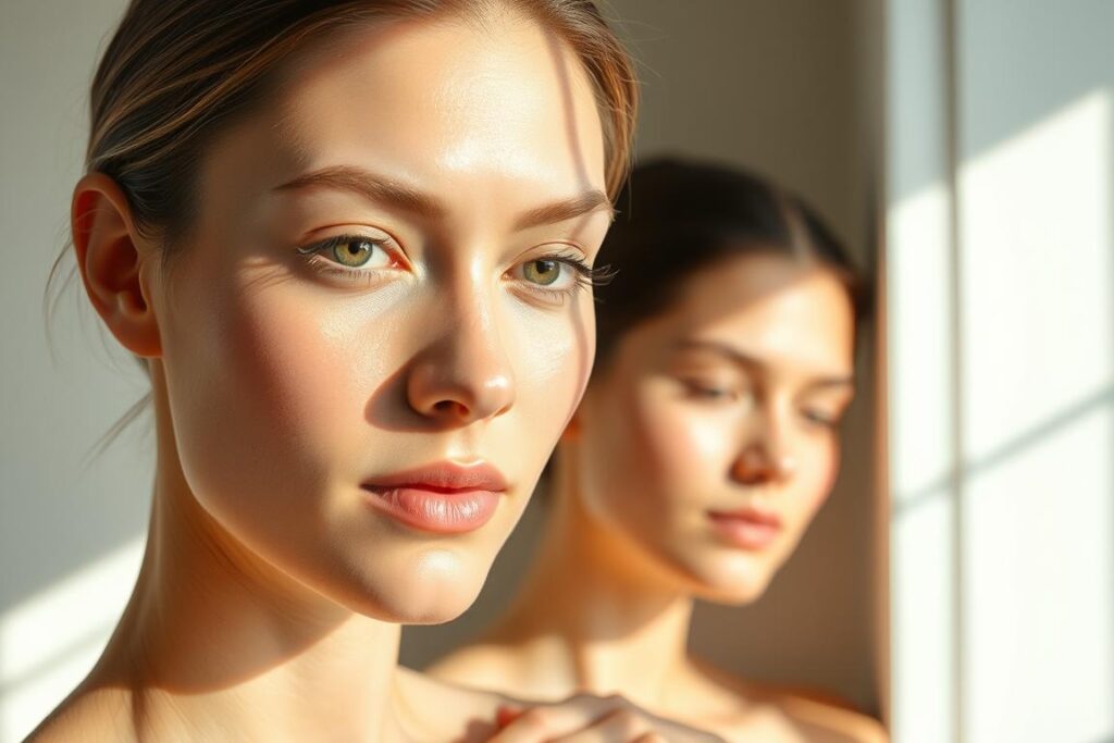 A tranquil morning routine unfolds, capturing the essence of "rotina diurna glass skin". The foreground features a serene, luminous complexion with a dewy, radiant glow, highlighting the skin's youthful, healthy appearance. In the middle ground, delicate facial features are accentuated by soft, natural lighting, casting gentle shadows that enhance the skin's clarity and texture. The background evokes a serene, minimalist setting, with clean lines and muted tones that complement the focus on the skin's luminous, glassy finish. The overall atmosphere conveys a sense of calm, inner harmony, and the effortless attainment of a flawless, "glass skin" aesthetic through a carefully curated daily routine.