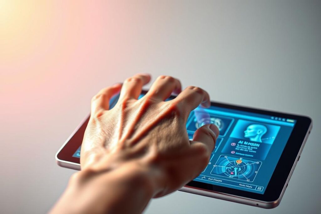 A vibrant, visually striking image depicting the concept of "AI skin diagnosis". The scene should feature a close-up view of a person's hand resting on a sleek, futuristic-looking device, possibly a tablet or smartphone. The device's screen displays a detailed, color-coded analysis of the skin, with various markers and annotations highlighting key areas of interest. The background should be clean, minimalist, and subtly suggest a medical or scientific setting, perhaps with hints of soothing, natural colors and textures to convey a sense of wellness and holistic wellbeing. Lighting should be soft, diffused, and slightly directional to create depth and emphasize the technological elements. The overall mood should be one of advanced, personalized skincare facilitated by intelligent, user-friendly technology.