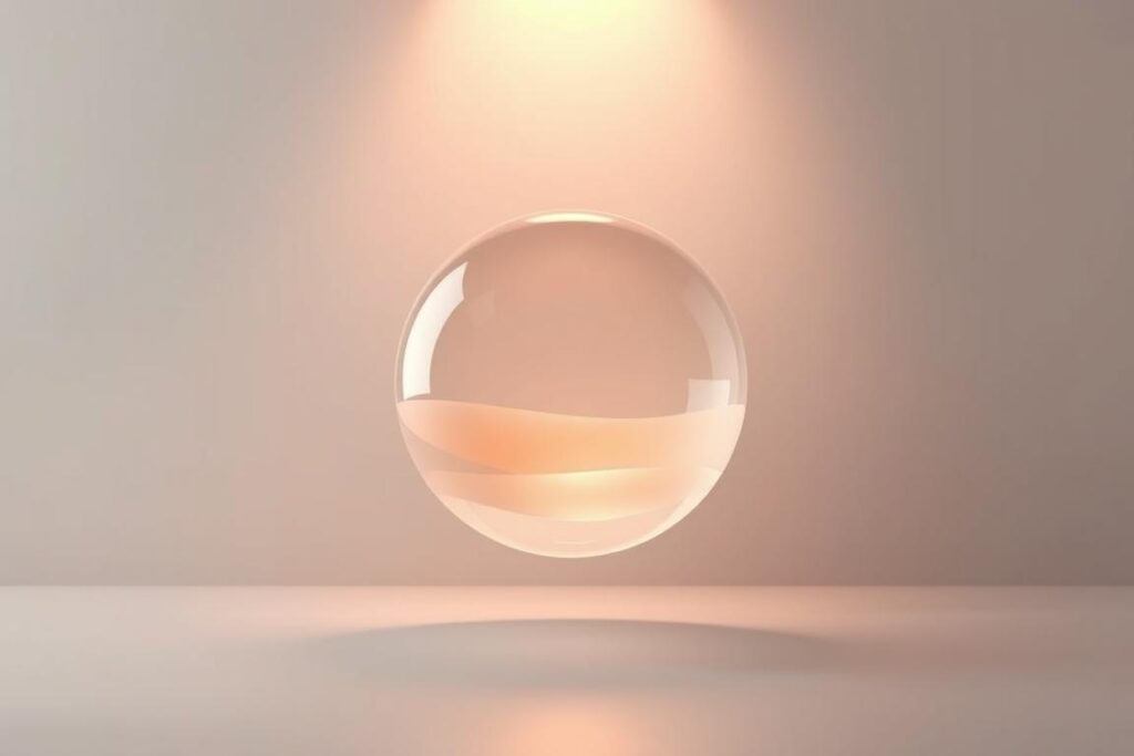 Adipogênese guiada: a serene and minimalist illustration depicting the new frontier of volume and firmness. In the foreground, a softly glowing sphere symbolizes the guided adipogenesis process, its translucent layers hinting at the subtle yet transformative nature of the treatment. The middle ground features a clean, geometric background, with gentle gradients and muted colors that evoke a sense of clinical precision and technological innovation. Subtle lighting from above casts a warm, almost ethereal glow, highlighting the sphere's refined and elegant form. The overall composition conveys a sense of forward-thinking aesthetic, where science and beauty seamlessly converge.