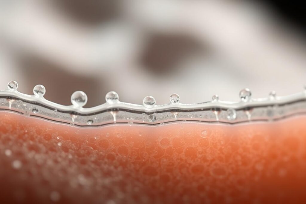 Barreira cutânea: uma estrutura microscópica em camadas, proteção e equilíbrio da pele. Um close-up detalhado em tons neutros, com iluminação suave e difusa, revelando a delicada arquitetura da barreira epidérmica. Diferentes células e elementos se organizam em uma organização complexa, formando uma rede de lipídios, proteínas e água, criando uma interface entre a pele e o ambiente externo. Uma imagem tranquila e minimalista, capturando a essência da barreira cutânea como prioridade para uma pele saudável em 2025.