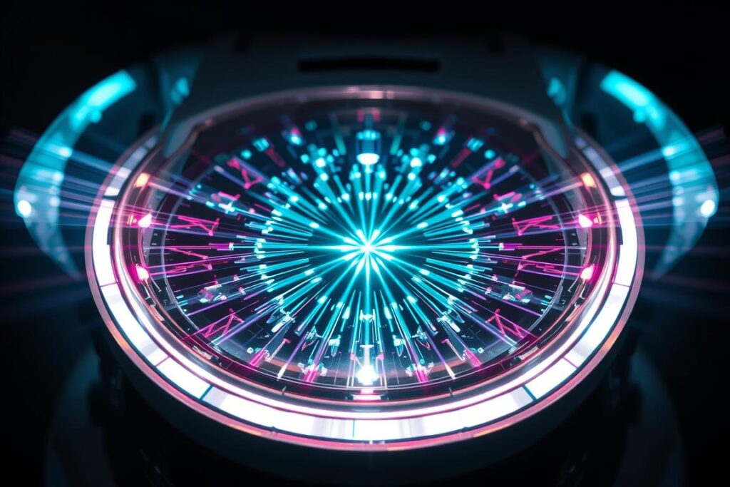 Layered hybrid lasers with fractured, kaleidoscopic beams emerging from a sleek, futuristic device. Metallic accents and an ethereal, iridescent glow create a sense of advanced, minimalist technology. Dramatic lighting casts dramatic shadows, highlighting the intricacy of the laser array. The overall aesthetic evokes a cutting-edge, high-tech medical or scientific application, perfectly suited to illustrate the section on the new generation of energy-based devices in personal care routines.