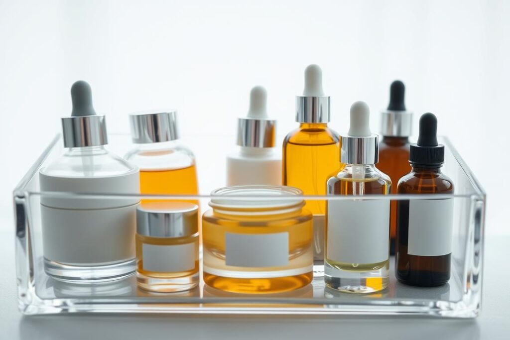 a glass container filled with various skincare ingredients and products, arranged in a visually appealing and minimalist composition. The ingredients should include things like moisturizer, serum, essence, and facial oil, each in its own elegant glass bottle or jar. The lighting should be soft and diffused, creating a sense of purity and refinement. The camera angle should be slightly elevated to showcase the beautiful textures and shapes of the ingredients. The overall mood should be one of simplicity, sophistication, and the promise of flawless, "glass skin" - a smooth, luminous complexion.