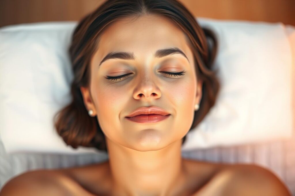 a serene and tranquil scene of a woman's face and upper body, relaxing after a laser hair removal session. the woman has smooth, glowing skin, with a peaceful expression on her face. the lighting is soft and diffused, creating a warm, calming atmosphere. the background is blurred, allowing the focus to remain on the woman's face and shoulders. the composition is balanced and centered, with the woman occupying the middle ground. the overall mood is one of rest, renewal, and self-care.