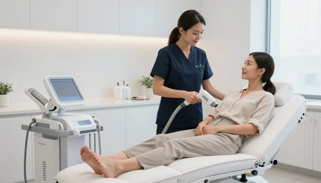 A bright and airy treatment room designed for laser hair removal, featuring a comfortable treatment bed in the foreground, surrounded by elegant medical equipment. In the middle ground, a professional clinician in smart business attire is setting up a laser device while an attentive patient, dressed in modest casual clothing, is seated comfortably on the treatment bed, looking relaxed and at ease. The background showcases soft, ambient lighting with white and pale blue color tones, giving a sense of calmness and cleanliness. A large window allows natural light to filter in, enhancing the welcoming atmosphere. The composition captures a moment of preparation, emphasizing professionalism and the therapeutic nature of the laser treatment process.