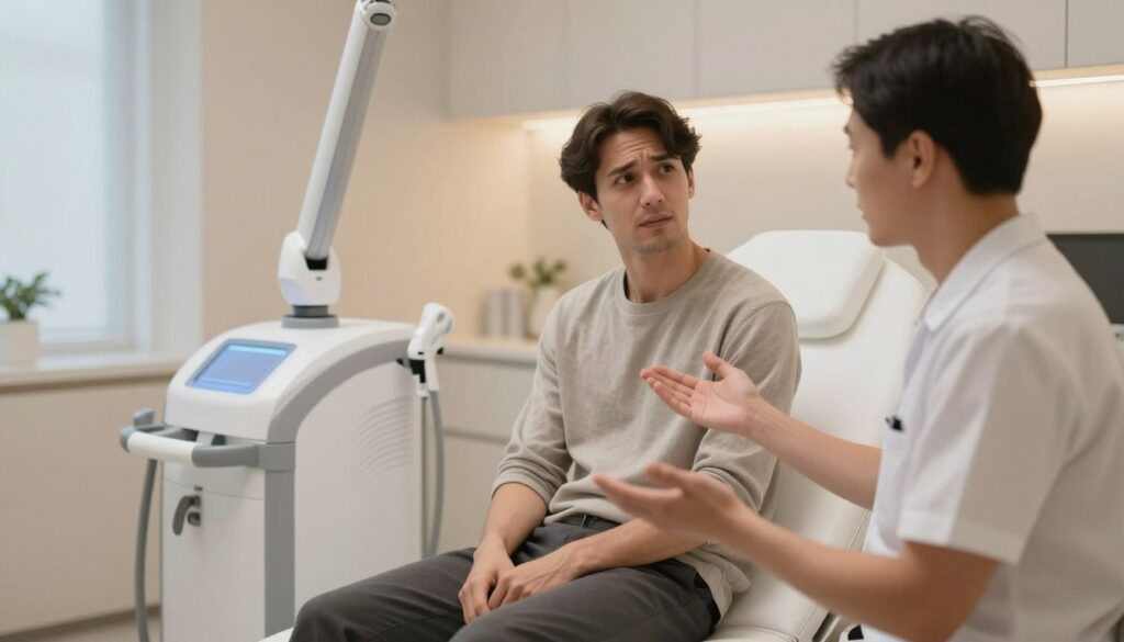 A calm and serene setting inside a modern laser treatment clinic, featuring a well-lit examination room. In the foreground, a professional technician in modest business attire is gently explaining the process to a patient, who is seated comfortably on an examination bed. The patient, dressed in casual, modest clothing, looks slightly apprehensive yet hopeful. In the middle ground, a high-tech laser device is visible, exuding a soft blue glow, suggesting its advanced technology. The background shows soothing elements like soft lighting and calming colors, creating a welcoming atmosphere. The overall mood is slightly tense due to the anticipation of the treatment, but balanced by professionalism and reassurance. Use a soft focus effect to evoke a sense of warmth and comfort. Capture this scene from a slightly elevated angle to encompass both the patient and technician's expressions.